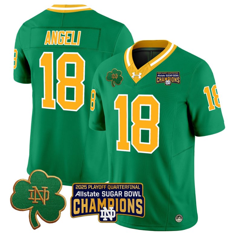 Men's Notre Dame Fighting Irish #18 Steve Angeli 2025 Sugar Bowl Champions Throwback Stitched Jersey