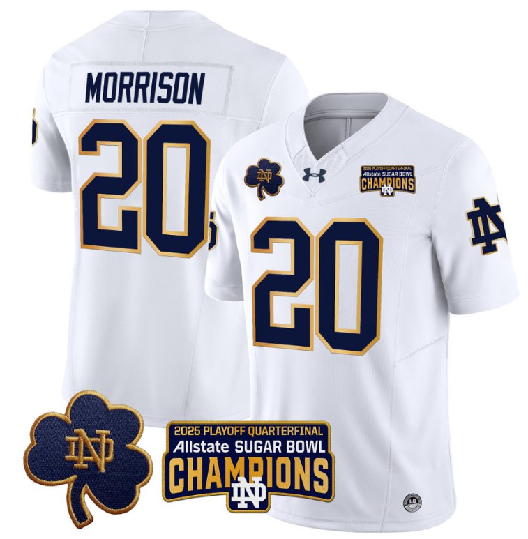 Men's Notre Dame Fighting Irish #20 Benjamin Morrison 2025 Sugar Bowl Champions White Stitched Jersey