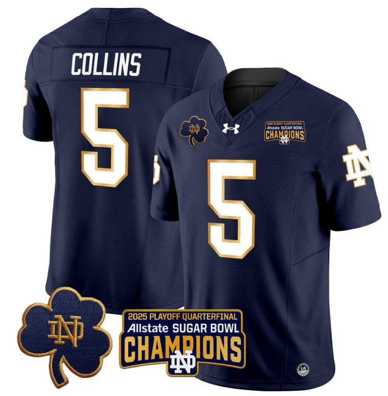 Men's Notre Dame Fighting Irish #5 Beaux Collins 2025 Sugar Bowl Champions Patch Navy Stitched Jersey