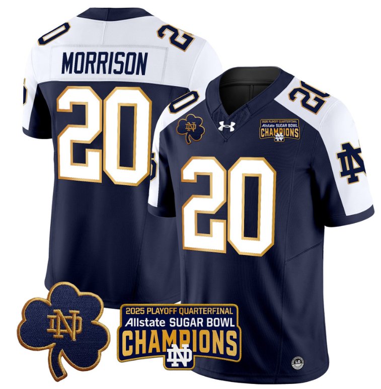 Men's Notre Dame Fighting Irish #20 Benjamin Morrison 2025 Sugar Bowl Champions Navy Alternate Jersey