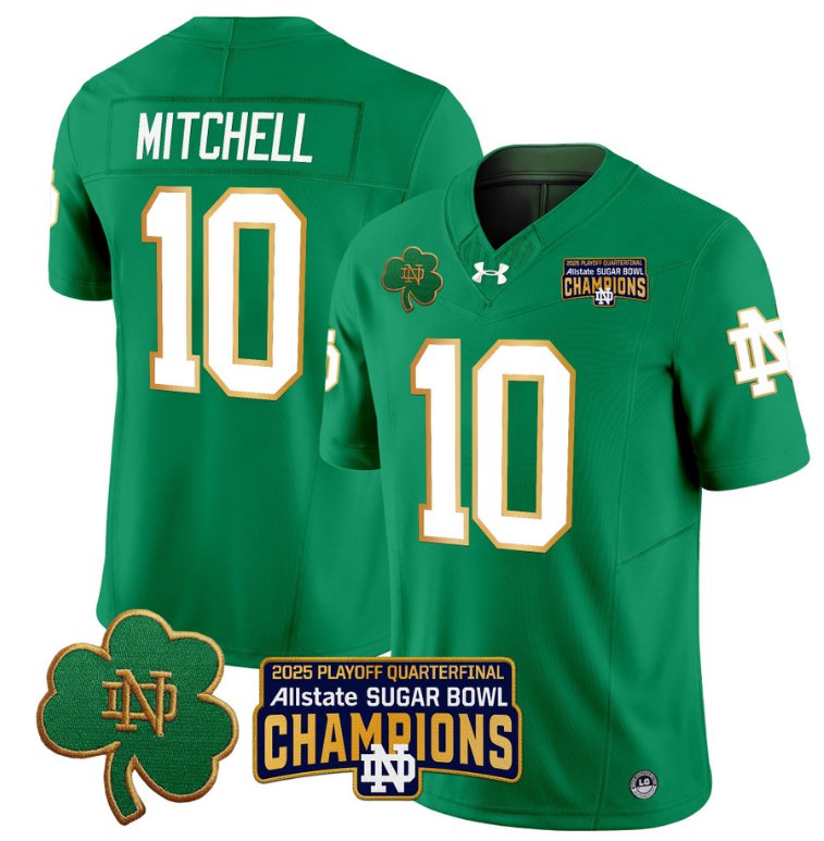 Men's Notre Dame Fighting Irish #10 Kris Mitchell 2025 Sugar Bowl Champions Patch Green Stitched Jersey