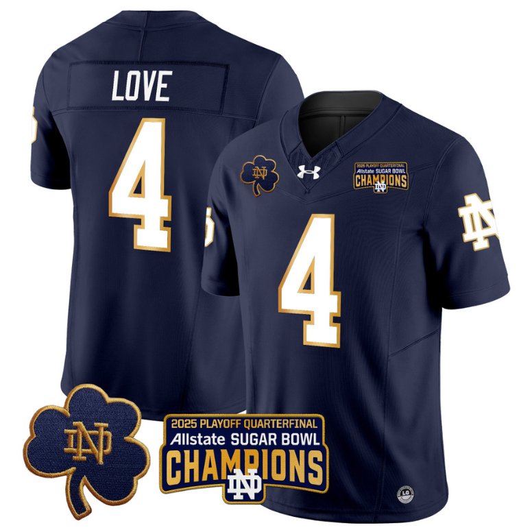 Men's Notre Dame Fighting Irish #4 Jeremiyah Love 2025 Sugar Bowl Champions Patch Navy Stitched Jersey