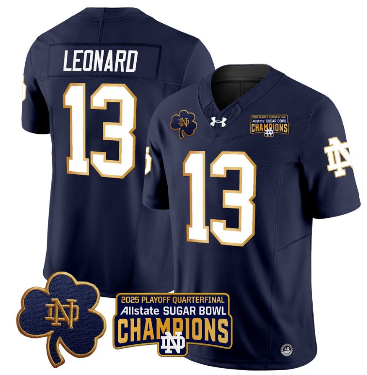 Men's Notre Dame Fighting Irish #13 Riley Leonard 2025 Sugar Bowl Champions Patch Navy Stitched Jersey