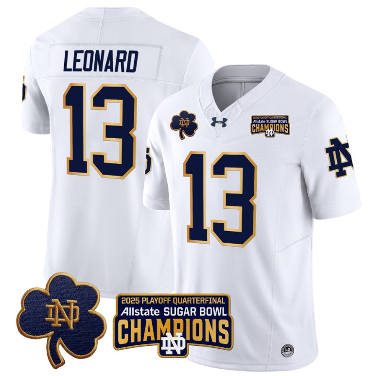 Men's Notre Dame Fighting Irish #13 Riley Leonard 2025 Sugar Bowl Champions Patch White Stitched Jersey