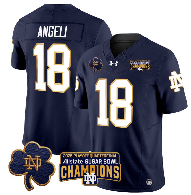 Men's Notre Dame Fighting Irish #18 Steve Angeli 2025 Sugar Bowl Champions Patch Navy Stitched Jersey