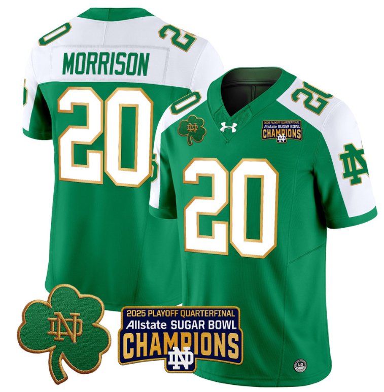 Men's Notre Dame Fighting Irish #20 Benjamin Morrison 2025 Sugar Bowl Champions Green Alternate Jersey