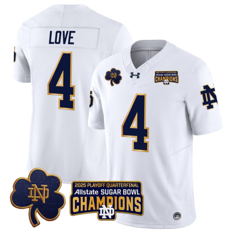 Men's Notre Dame Fighting Irish #4 Jeremiyah Love 2025 Sugar Bowl Champions Patch White Stitched Jersey