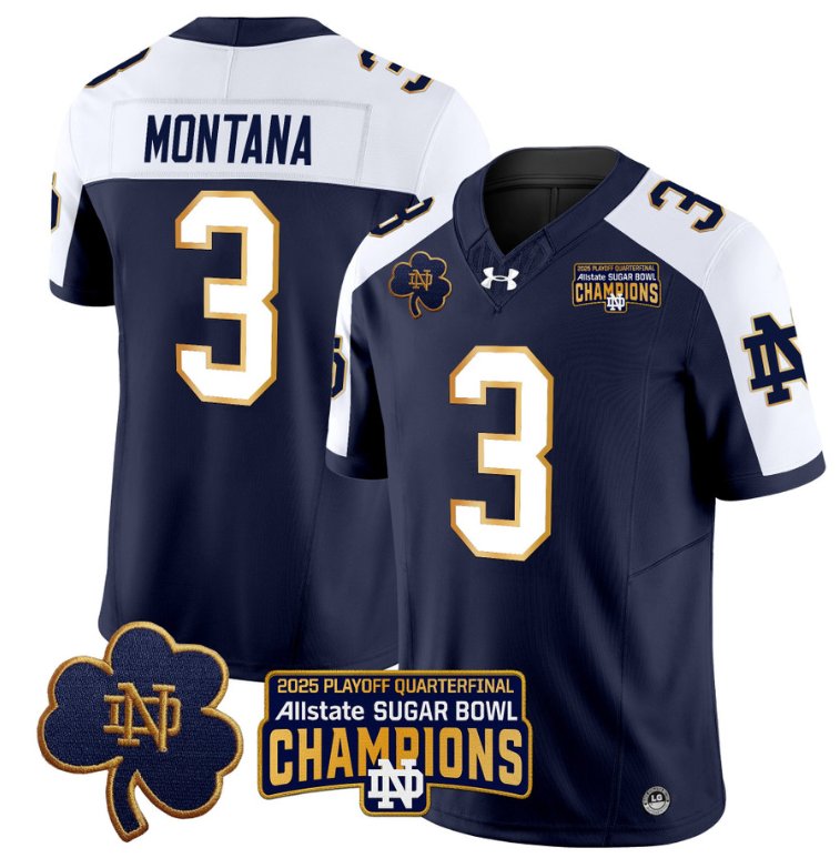 Men's Notre Dame Fighting Irish #3 Joe Montana 2025 Sugar Bowl Champions Navy Alternate Stitched Jersey