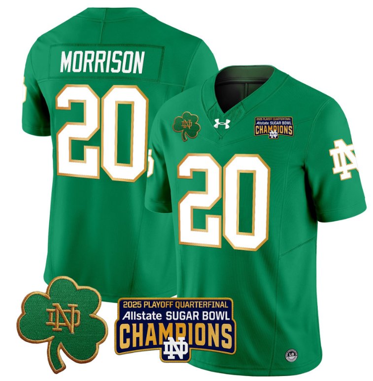 Men's Notre Dame Fighting Irish #20 Benjamin Morrison 2025 Sugar Bowl Champions Green Stitched Jersey