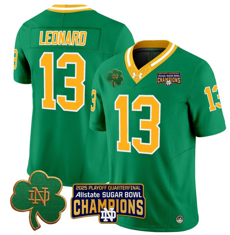 Men's Notre Dame Fighting Irish #13 Riley Leonard 2025 Sugar Bowl Champions Throwback Stitched Jersey