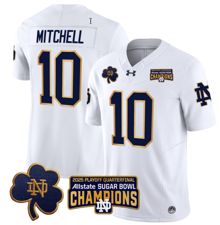 Men's Notre Dame Fighting Irish #10 Kris Mitchell 2025 Sugar Bowl Champions Patch White Stitched Jersey