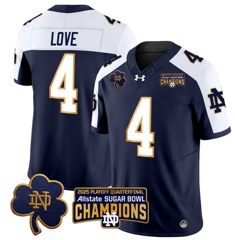 Men's Notre Dame Fighting Irish #4 Jeremiyah Love 2025 Sugar Bowl Champions Navy Alternate Stitched Jersey