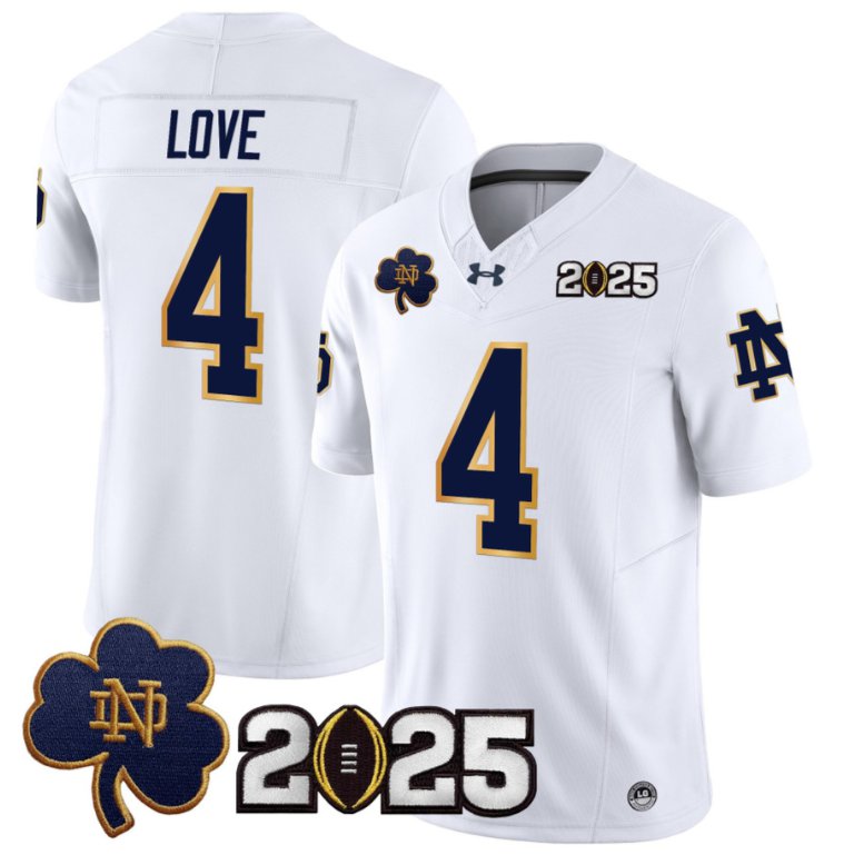 Men's Notre Dame Fighting Irish #4 Jeremiyah Love 2025 CFP Final Patch White Stitched Jersey