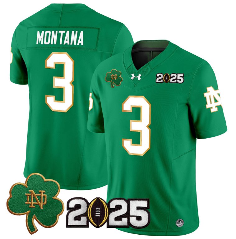 Men's Notre Dame Fighting Irish #3 Joe Montana 2025 CFP Final Patch Green Stitched Jersey