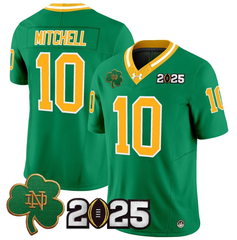 Men's Notre Dame Fighting Irish #10 Kris Mitchell 2025 CFP Final Patch Throwback Stitched Jersey