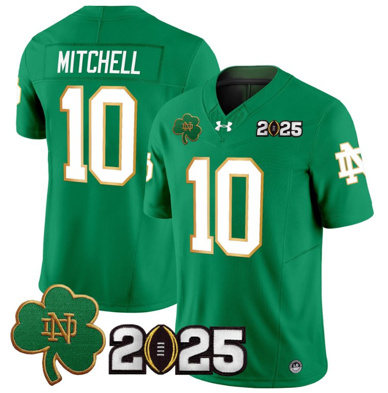 Men's Notre Dame Fighting Irish #10 Kris Mitchell 2025 CFP Final Patch Green Stitched Jersey