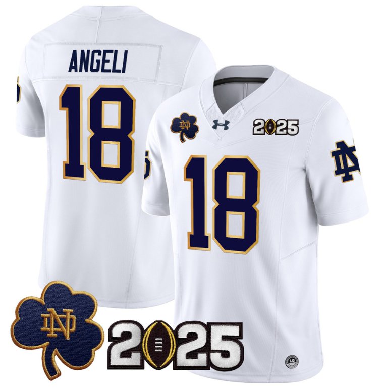 Men's Notre Dame Fighting Irish #18 Steve Angeli 2025 CFP Final Patch White Stitched Jersey