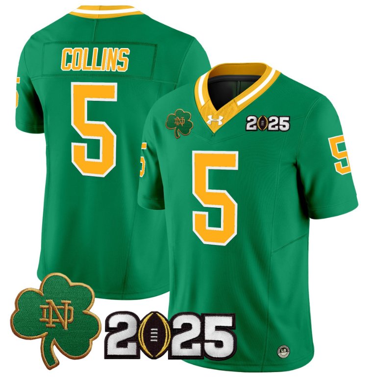 Men's Notre Dame Fighting Irish #5 Beaux Collins 2025 CFP Final Patch Throwback Stitched Jersey