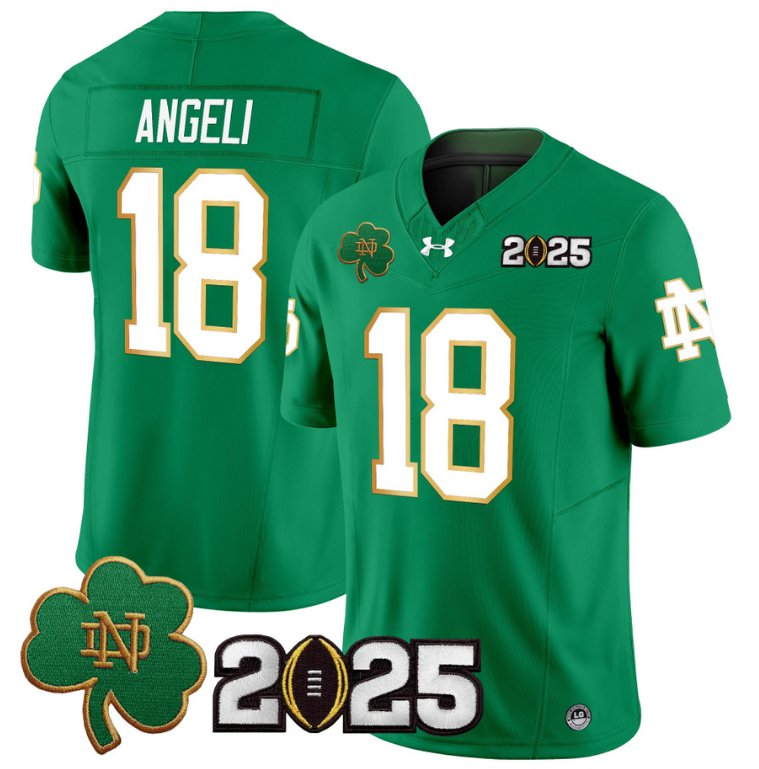 Men's Notre Dame Fighting Irish #18 Steve Angeli 2025 CFP Final Patch Green Stitched Jersey