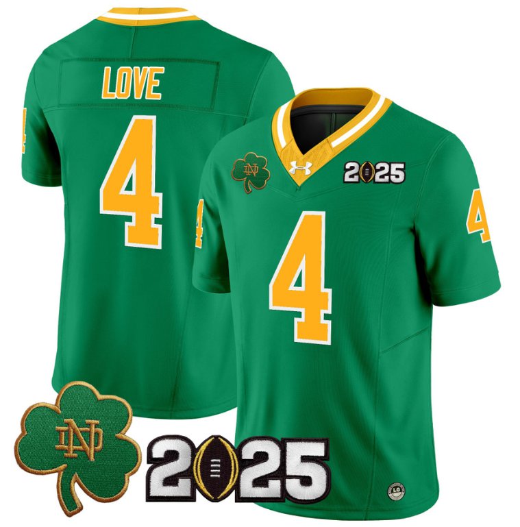 Men's Notre Dame Fighting Irish #4 Jeremiyah Love 2025 CFP Final Patch Throwback Stitched Jersey