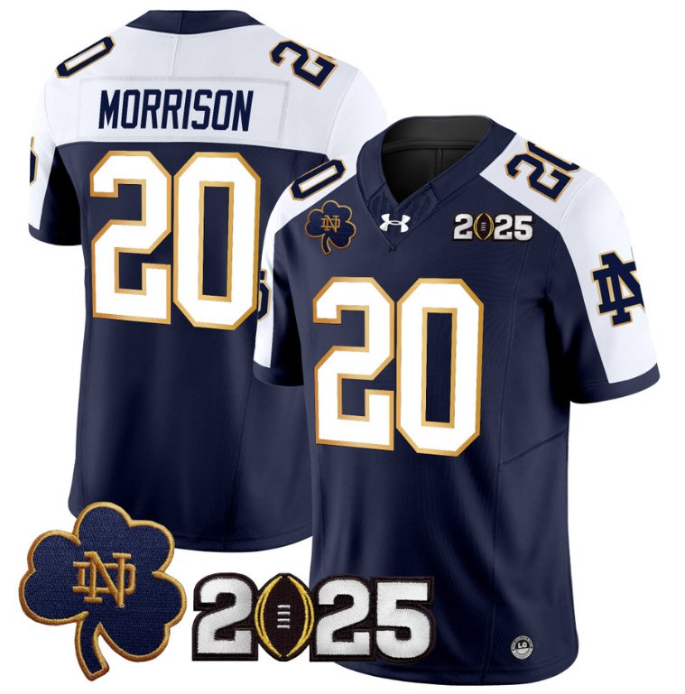 Men's Notre Dame Fighting Irish #20 Benjamin Morrison 2025 CFP Final Patch Navy Alternate Stitched Jersey