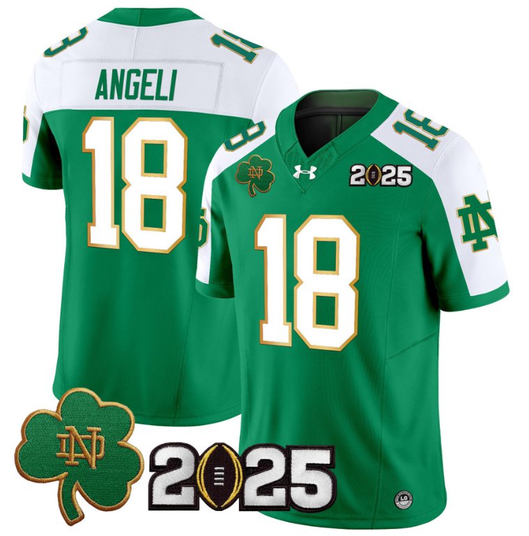 Men's Notre Dame Fighting Irish #18 Steve Angeli 2025 CFP Final Patch Green Alternate Stitched Jersey