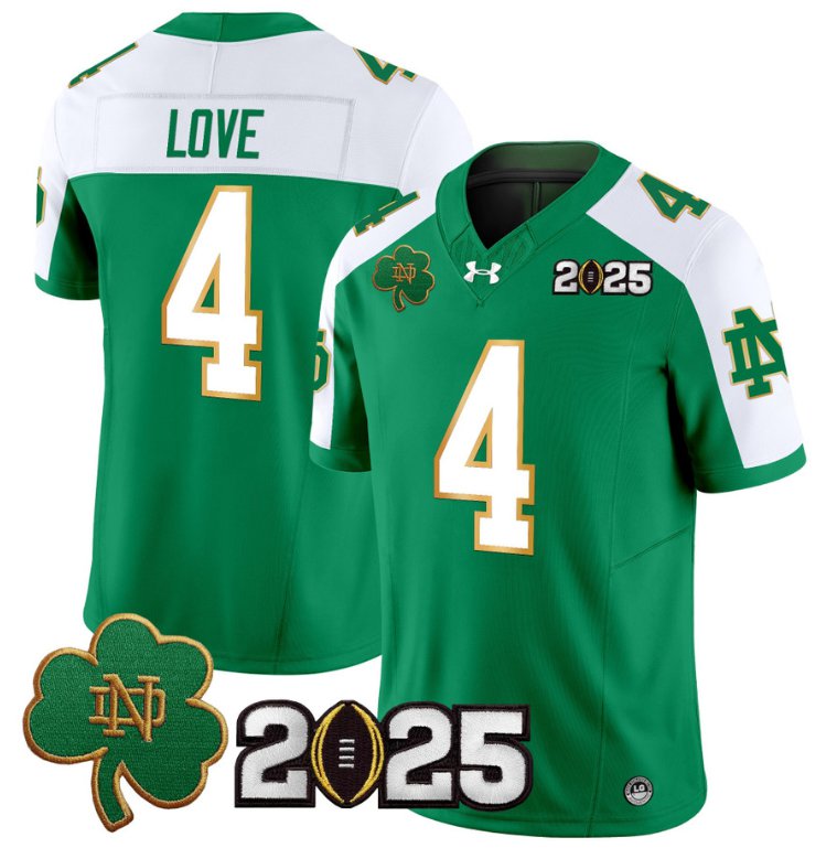 Men's Notre Dame Fighting Irish #4 Jeremiyah Love 2025 CFP Final Patch Green Alternate Stitched Jersey