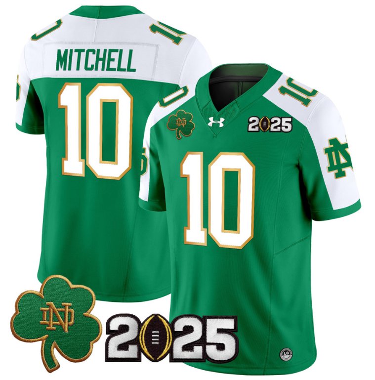 Men's Notre Dame Fighting Irish #10 Kris Mitchell 2025 CFP Final Patch Green Alternate Stitched Jersey