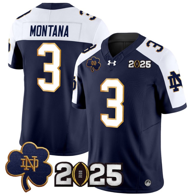 Men's Notre Dame Fighting Irish #3 Joe Montana 2025 CFP Final Patch Navy Alternate Stitched Jersey