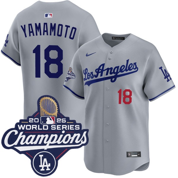 Men's Los Angeles Dodgers #18 Yoshinobu Yamamoto Road Limited 2025 World Series Champions Jersey Grey