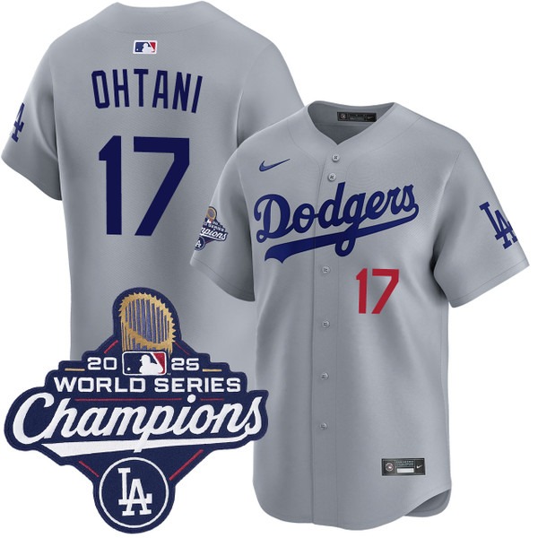 Men's Los Angeles Dodgers #17 Shohei Ohtani Alternate Road Limited 2025 World Series Champions Jersey Grey