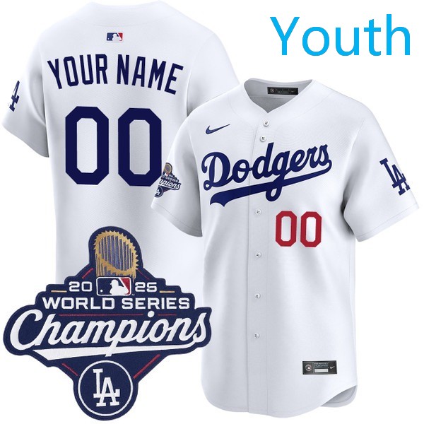 Youth Los Angeles Dodgers Custom Nike Home Limited 2025 World Series Champions Jersey White