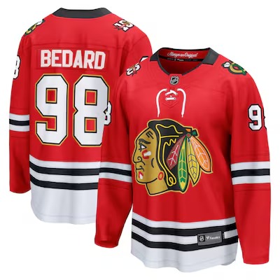 Men's Chicago Blackhawks #98 Connor Bedard Red Home 2025 Centennial Stitched Hockey Jersey