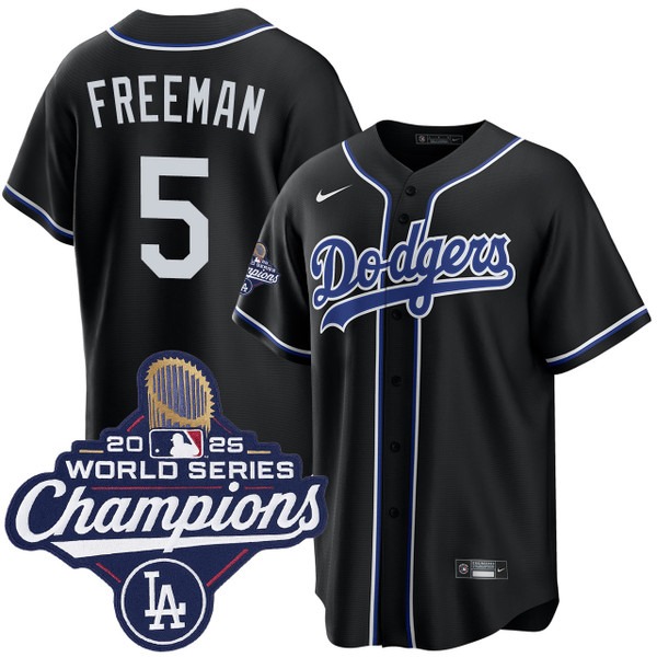 Men's Los Angeles Dodgers #5 Freddie Freeman Black Lights Out 2025 World Series Champions Jersey