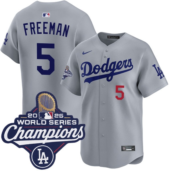 Men's Los Angeles Dodgers #5 Freddie Freeman Alternate Road Limited 2025 World Series Champions Jersey Grey