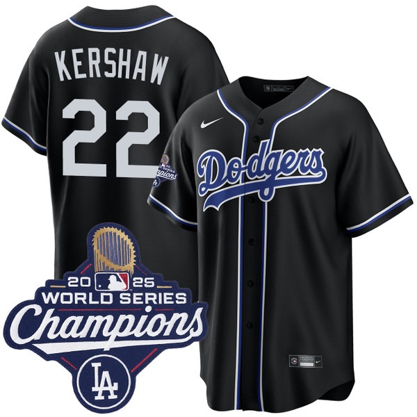Men's Los Angeles Dodgers #22 Clayton Kershaw Black Lights Out 2025 World Series Champions Jersey