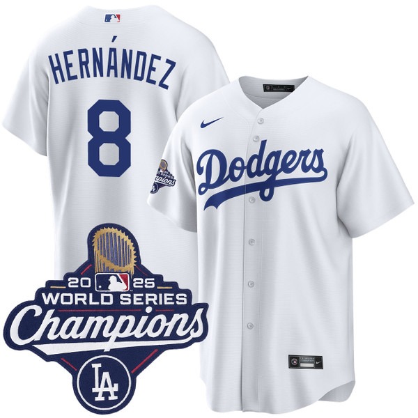 Youth Los Angeles Dodgers #8 Enrique Hernandez Home 2025 World Series Champions Jersey White