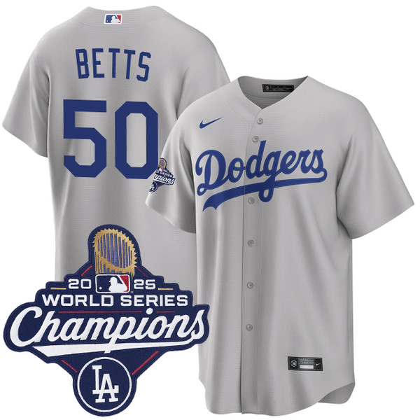 Men's Los Angeles Dodgers #50 Mookie Betts Alternate 2025 Road World Series Champions Jersey Grey