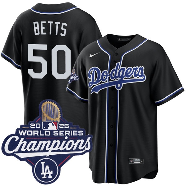 Men's Los Angeles Dodgers #50 Mookie Betts Black Lights Out 2025 World Series Champions Jersey