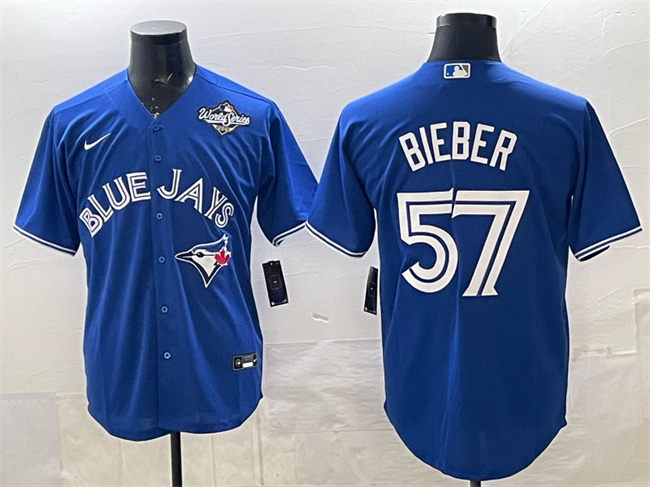 Men's Toronto Blue Jays #57 Shane Bieber Royal 2025 World Series Cool Base Stitched Baseball Jersey