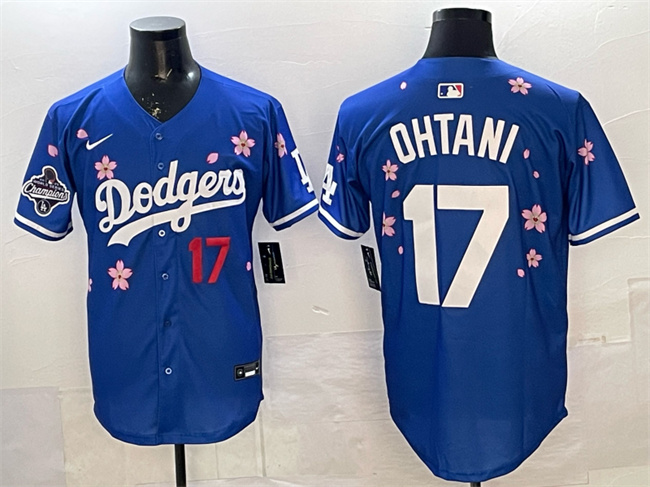 Men's Los Angeles Dodgers #17 Shohei Ohtani Royal 2025 World Series Champions Patch Tokyo Series Limited Stitched Baseball Jersey