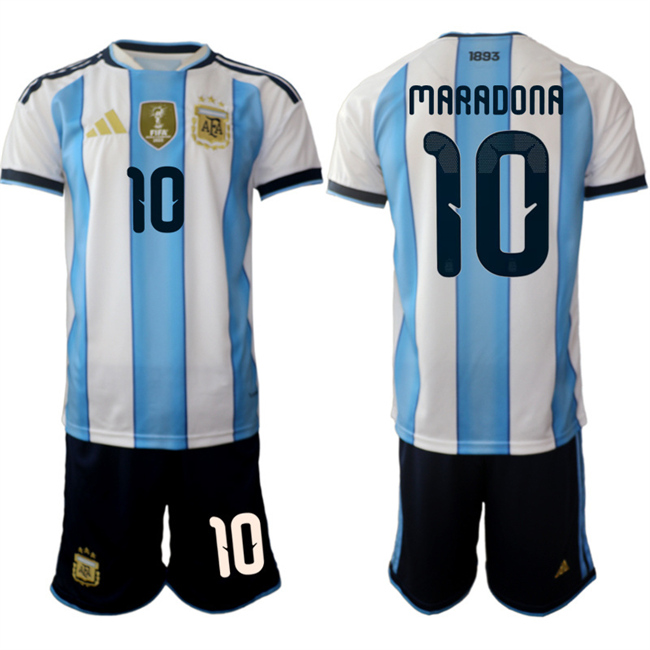 Men's Argentina #10 Diego Maradona White Blue 2025-26 Home Soccer Jersey Suit