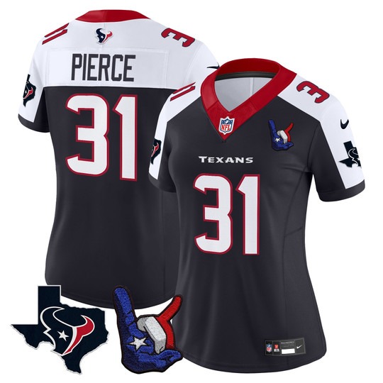 Women's Houston Texans #31 Dameon Pierce Hand Sign Throwing Up The H Vapor F.U.S.E. Limited Stitched Jersey Navy White