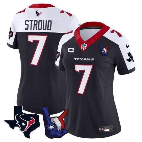 Women's Houston Texans #7 C.J. Stroud Hand Sign Throwing Up The H Vapor F.U.S.E. Limited Stitched Jersey Navy White