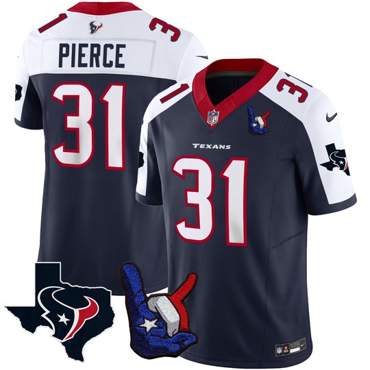 Men's Houston Texans #31 Dameon Pierce Hand Sign Throwing Up The H Vapor F.U.S.E. Limited Stitched Jersey Navy White