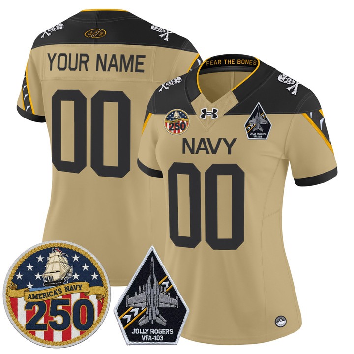 Women's Navy Midshipmen Custom 'Jolly Rogers Edition' 250th Anniversary Patch Vapor Limited Stitched Jersey Gold