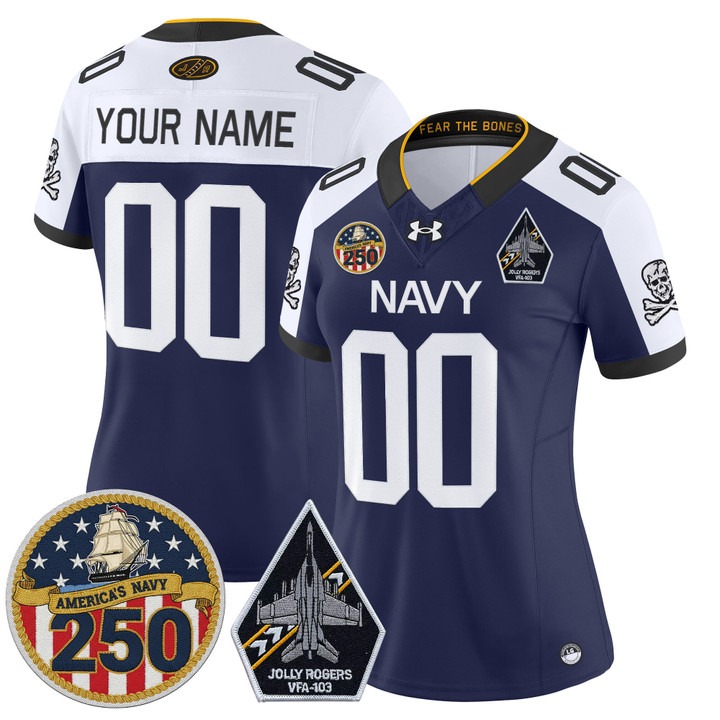 Women's Navy Midshipmen Custom 'Jolly Rogers Edition' 250th Anniversary Patch Vapor Limited Stitched Jersey Navy Alternate