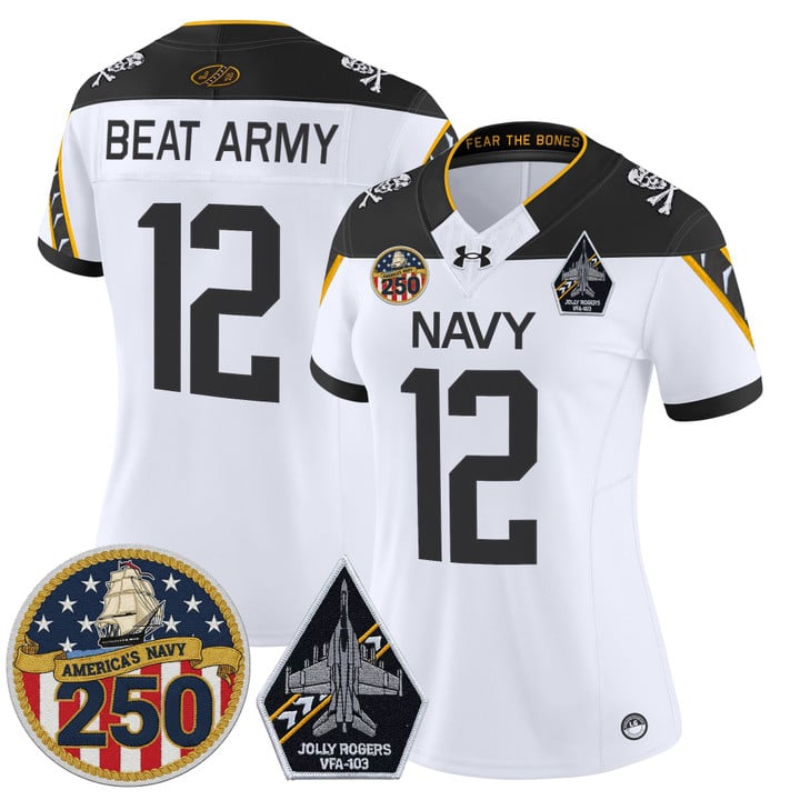 Women's Navy Midshipmen #12 Beat Army 'Jolly Rogers Edition' Vapor Limited Stitched Jersey - 250th Anniversary Patch
