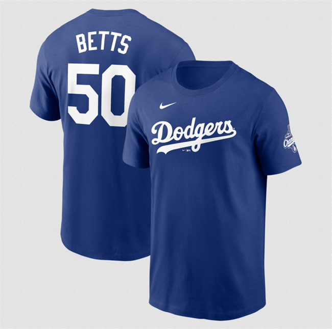 Men's Los Angeles Dodgers #50 Mookie Betts Royal 2025 World Series Champions Name & Number T-Shirt