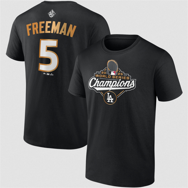 Men's Los Angeles Dodgers #5 Freddie Freeman Black 2025 World Series Champions Name & Number T-Shirt